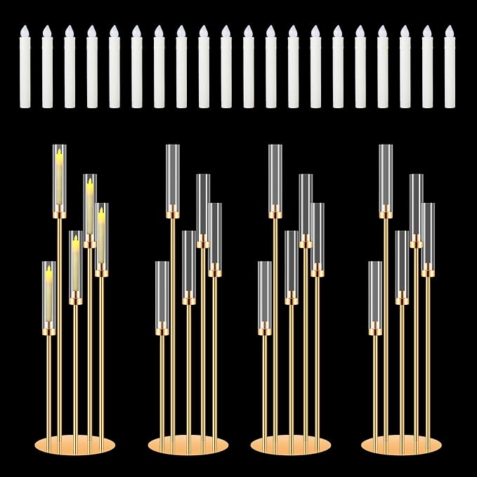 4 Sets 42'' Tall Floor Candelabras with 20 LED Candle 5 Arms Candlesticks Holder Each with Varying Heights,Metal Candle Holders for Party Wedding Home Decoration Housewarming Gift
