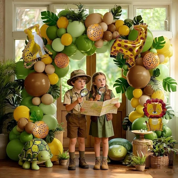 Sage Green Brown Balloons Double Stuffed Dusty Olive Green Mustard Yellow Balloon Arch Animal Print Balloons Palm Leaves for Baby Shower Birthday Safari Jungle Woodland Wild One Tropical Party Decor
