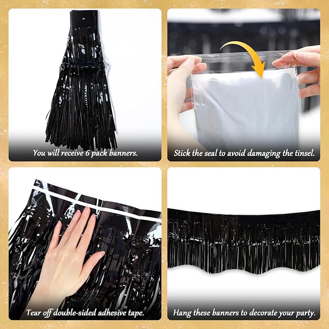 LOLStar Black Foil Fringe Tinsel Garland, Tinsel Streamers Banner, 6 Pack | 60Ft Tinsel Streamers, Shiny Black Wall Hanging Tinsel Fringe Banners for Bachelorette, Halloween, New Year Party Decor