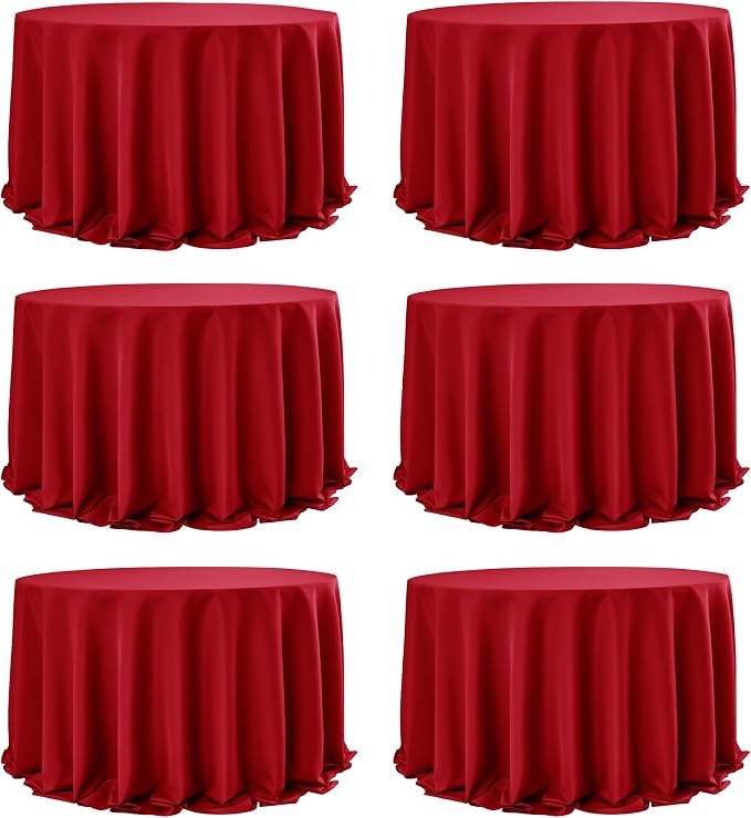 6-Pack Red Round Tablecloths, 132 Inches, Stain-Resistant Polyester for 6-8 Ft Round Tables - Washable Table Covers for Weddings, Banquets, Birthday Parties, Events