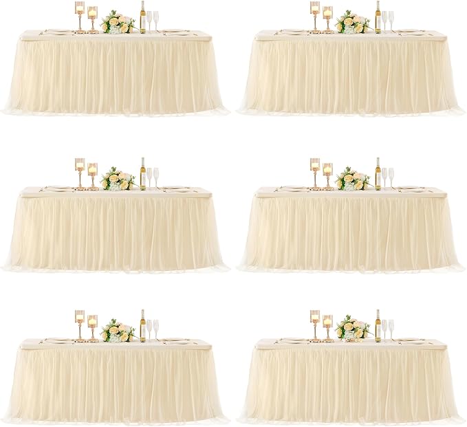 6 Pack 6ft Champagne Tulle Tablecloths for Rectangle Tables, 72 x 30 Inch Rectangular Table Cloth, Wrinkle Free Table Cover with Tutu Skirt for Wedding Birthday Party Banquet Buffet Decorations