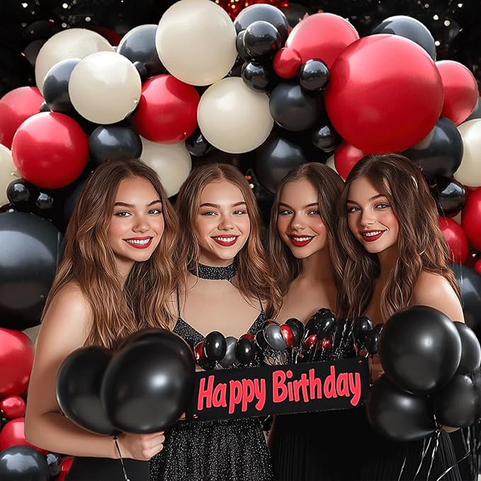 Red Black And White Balloons Garland Arch Kit, Double Stuffed Ruby Ivory Red White And Black Balloons Arch Kit for Birthday Anniversary Graduation Wedding Party Decoration