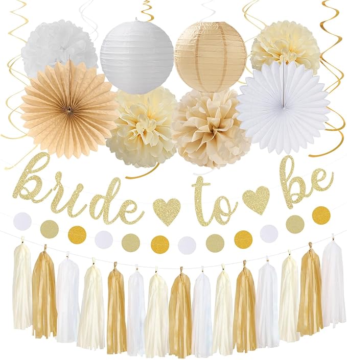 Champagne Gold White Bridal-Shower Party-Decorations - 31pcs Bride to Be Banner,Boho Neutral Bachelorette Paper Lanterns,Wedding Streamers Garland,Tissue Pom Poms Flower Fan Decor Supplies Burgleda