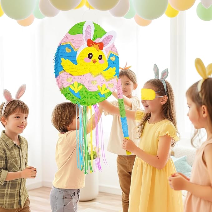 WERNNSAI Easter Egg Piñata - Easter Bunny Piñata with Blindfold and Stick Cute Chick in Egg for Party Decoration Supplies for Birthday Decoration School Spring Party Game