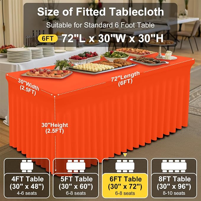Smiry Spandex Tablecloth 2 Pack, Elastic Fitted Stretch Tablecloth for 6FT Rectangle Tables, Waterproof Washable Table Cover Skirt for Outdoor, Wedding, Banquet & Parties (Orange, 72Lx30Wx30H Inch)