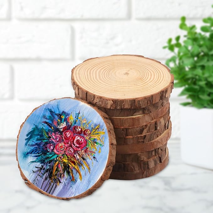 60 PCS 4.7-5.5 Inch Natural Wood Slices, Unfinished Pine Wood Circles with Barks for Coasters, DIY Crafts, Christmas Rustic Wedding Ornaments and Centerpieces,by GNIEMCKIN