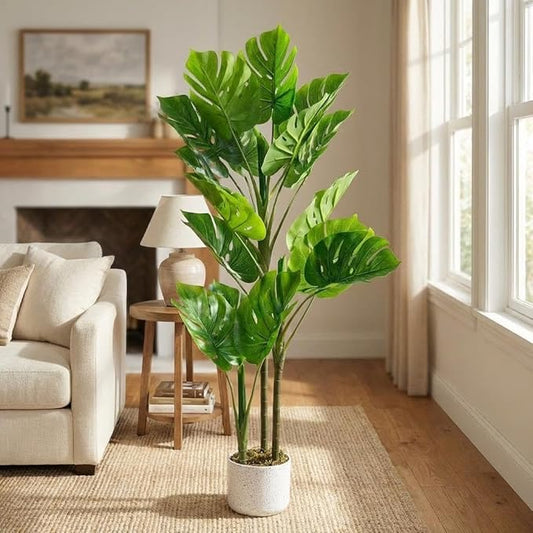 OUTLANE 3.6ft Artificial Monstera Deliciosa Plant in Pot, Lush Faux Tropical Palm Tree with 16 Lifelike Leaves, Fake Floor Plant for Indoor Outdoor Home, Office, Porch Decor