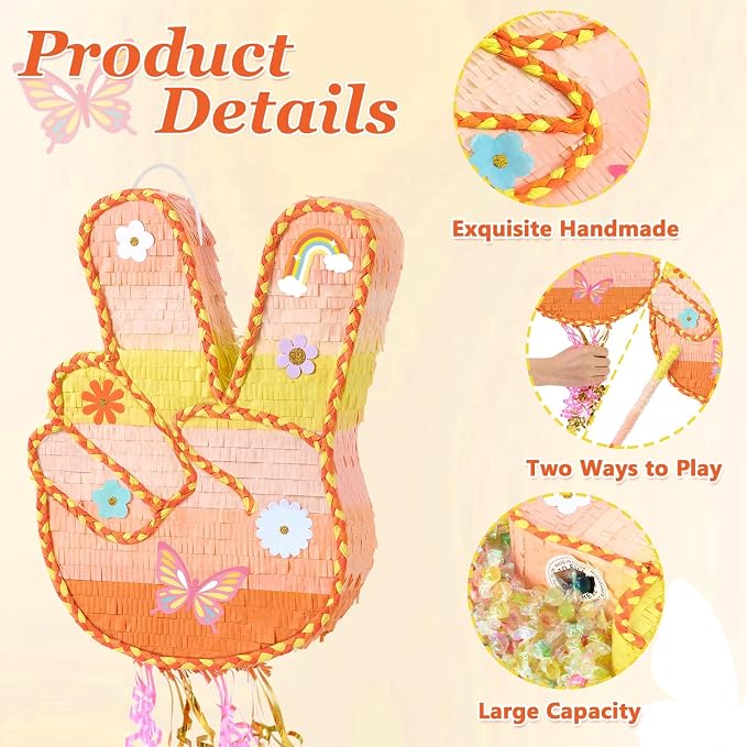 WERNNSAl Funny Groovy Peace Sign Piñata - Yellow Hippie Hand Gesture Piñata for Kids with Blindfold and Bat Retro Hip Hop Birthday Party Supplies Two Groovy Daisy Party Decorations
