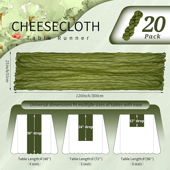 20 Pack Olive Green Cheesecloth Table Runner 10FT Boho Gauze Cheese Cloth Table Runners Romantic Rustic Sheer Table Decorations for Wedding Party Baby Shower Birthday Holiday Home