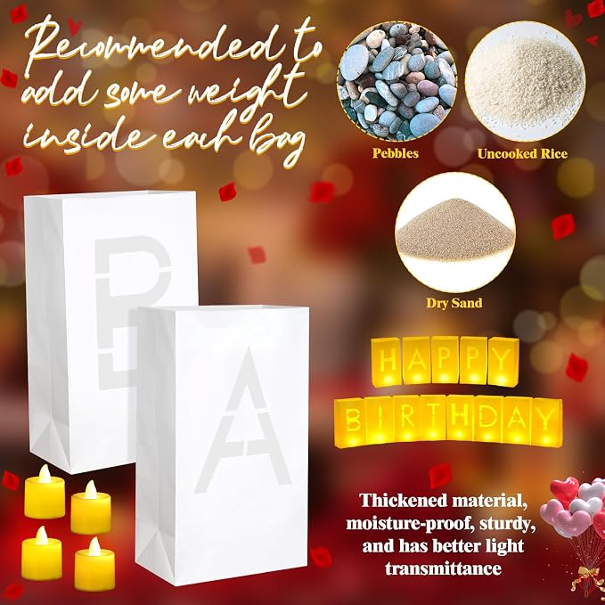 Aurelema 6085 Pcs Happy Birthday Light Up Letters with LED Flameless Tealight Candle Red Rose Petal Letter Luminary Paper Bag for Decoration Party Romantic Night Decor for Women Men