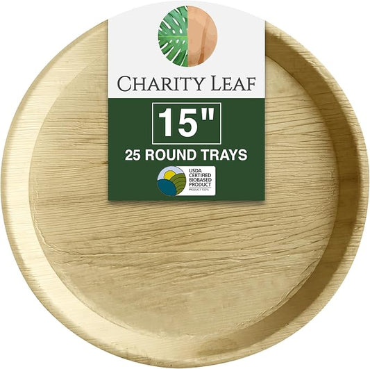 Disposable Palm Leaf 15" Round Trays (25 pieces) Bamboo Like Serving Platters, Disposable Boards, Eco-Friendly Dinnerware For Weddings, Catering, Events