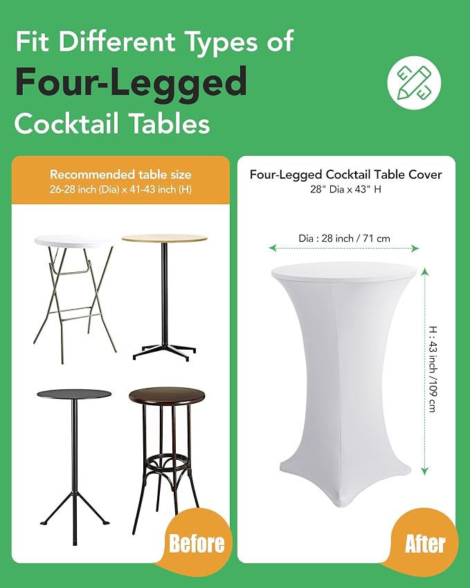 KeyWave Cocktail High Top Table Covers - 28x43 Inch Fitted Spandex Round Cocktail Tablecloth for Bar Height Standing Table Cloths Reusable, for Party Bistro Wedding Event Decorations, White, 8 Pack