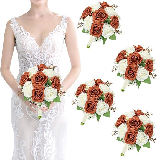 Artificial Bridesmaid Bouquets Set of 4 - Wedding Bouquet Burnt Orange Rose White Babys Breath 7 Inch Flower Bride Bouquet for Wedding Bridal Shower Centerpiece Ceremony Anniversary Fall Decorations