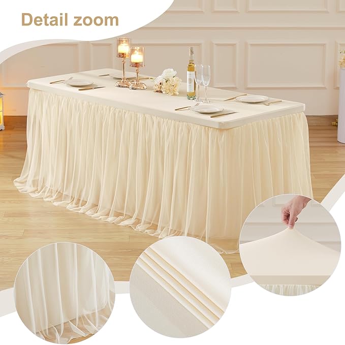 Champagne Tablecloth Rectangle Table Cover for 6 Foot Table, Champagne Tulle Table Skirt Rectangle Table 6ft Stretch Tulle Tablecloth Fitted Elastic Banquet Party Wedding Table Cloth for 6 Foot Table