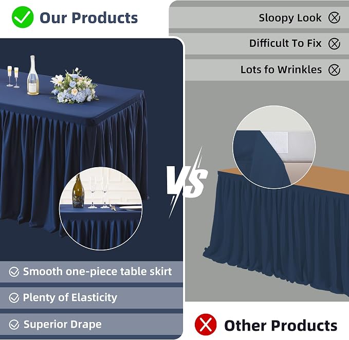 1 Pack Navy Blue Tablecloths for Rectangle Tables 4ft, Wrinkle Resistant Navy Blue Tablecover Fitted Stretch Table Cloth with Pleated Ruffle Table Skirts for Party Banquet Dining Birthday Wedding