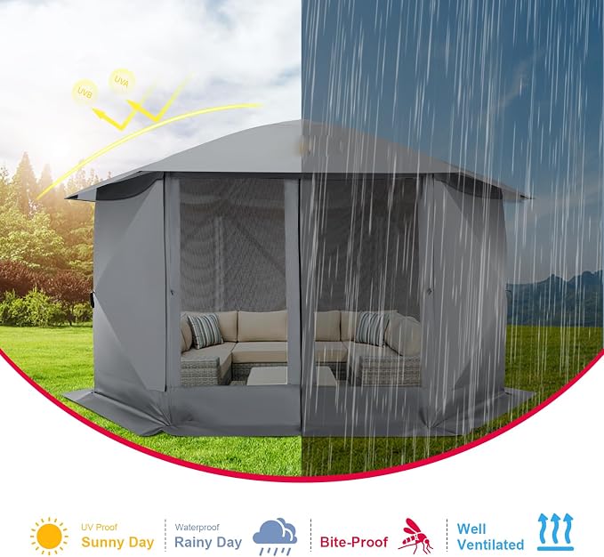 COBIZI 12x12 FT Pop Up Canopy Extendable Tent, Gazebos On Clearance with Removable Roof, Screened in Gazebo with sidewalls, Screen Tents Portable carpas para Patio for Outdoor Camping,Backyard,Gray