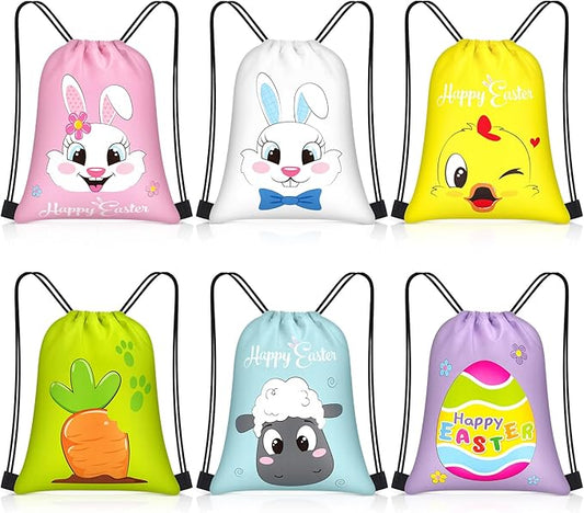 Censen 24 Pcs Easter Drawstring Bags Set Bulk 12 x 10 Inch Easter Favor Bags Rabbit Egg Chick Favor Gift Bag for Girls Boys Kids Gift Party Supplies