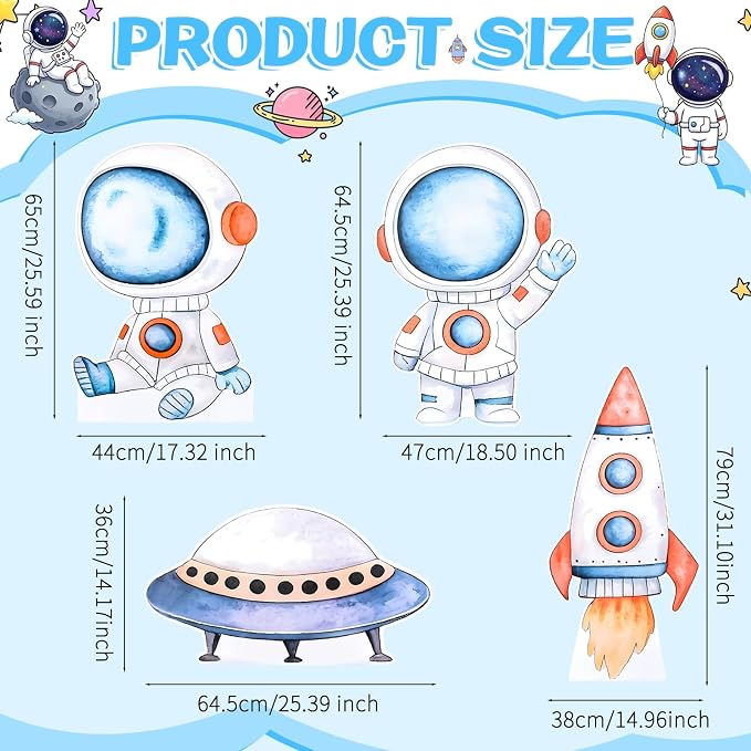 Large Space Themed Cardboard Cutouts - 4Pcs Astronaut Rocket Spacecraft Spaceship Yard Sign Set Outer Space Cardboard Stand Sign for Birthday Decorations Photo Booth Props