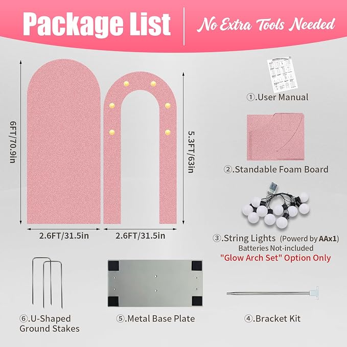 6FT Arch Backdrop with Stand Set, Lighted Arch Set, No-Tip Stability Glow Foam Board Photo Booth Background for Wedding Birthday Party Ceremony Baby Shower Banquet Decoration Reusable - Pink