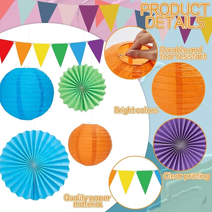 21Pcs Colorful Classroom Decor Rainbow Hanging Paper Lanterns Paper Fans Triangle Flags Banners Set Round Lantern for Back to School Ceiling Supplies Home Indoor Birthday Party Ceremonial Event