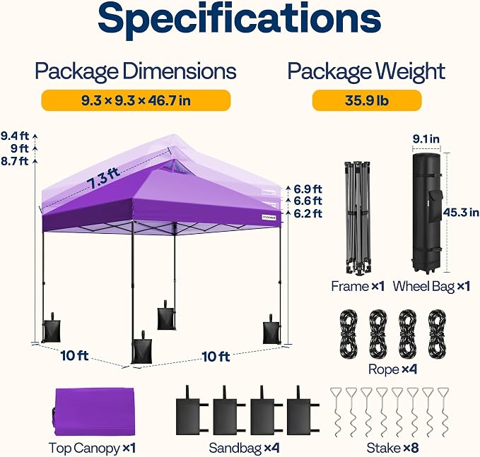 VIVOHOME 10x10ft Pop Up Canopy Tent One Push Setup Outdoor Portable Shelter Tent Heavy Duty with Wheel Carry Bag and 4 Sandbags, Purple