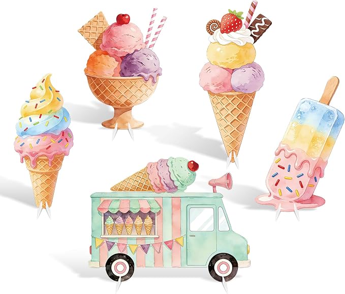 5 PCS 20" Ice Cream Cardboard Cutouts for Birthday Party Decorations, Large Sweet Theme Outdoor Yard Signs, Ice Cream Truck & Cone Standee for Candy Land Party Photo Booth Props Backdrop