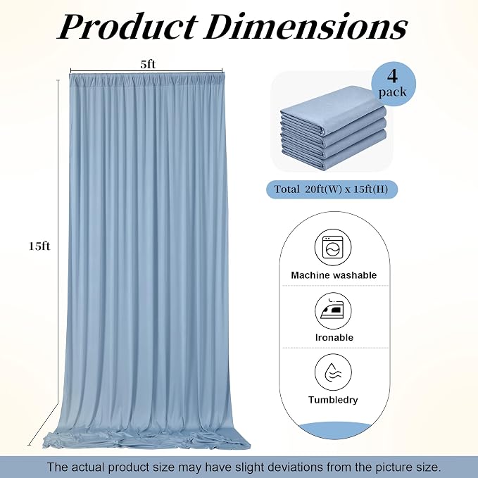 20ft x 15ft Dusty Blue Backdrop Curtains for Wedding Parties, 4 Panels Extra Long Wrinkle Free Fabric Drapes Photo Backdrop for Baby Shower Birthday Stage Reception Lobby Decoration
