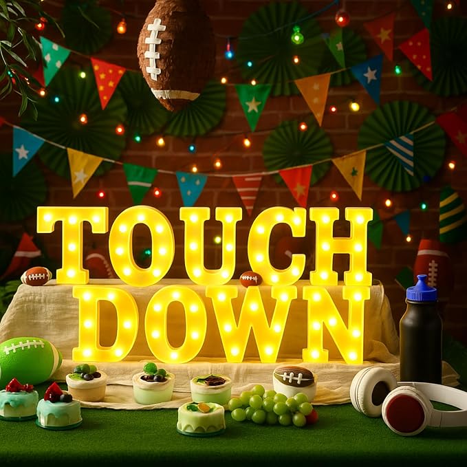 Honoson 9 Pcs Football Party Decorations 'touchdown! ' LED Lights Sign Rugby Theme Sports Neon Sign Lights Table Decoration for Football Birthday Gameday Tailgate Party Decorations