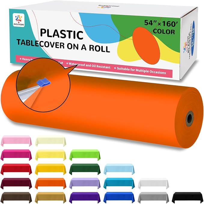 54IN X 160FT Plastic Table Cover Roll with Cutter Box, Cut to Size Plastic Table Cloths for Parties, Birthday, Disposable Tablecloth Roll for All Shape Tables (Orange, 54 Inch X 160 Feet)