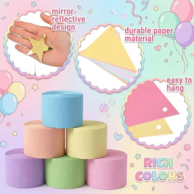 Frienda 14 Pcs Pastel Party Decorations Set 492 ft Colorful Crepe Paper Streamers, 52.8ft Gold Star Garlands Backdrop and 4 Pennant Banner Flags for Wedding Birthday Fancy Party Hanging Decorations