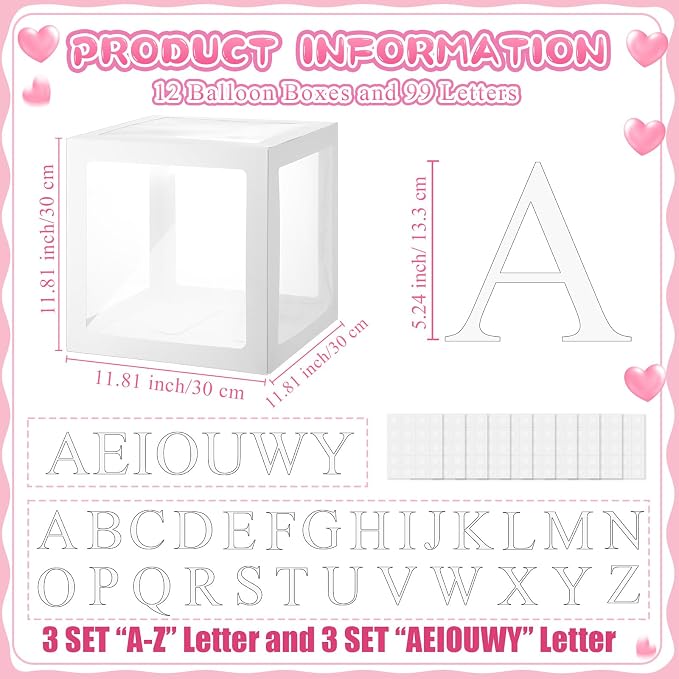 Thyle 12 Pcs Transparent Balloon Boxes Clear Balloon Boxes with 99 Letters for Baby Shower Gender Reveal Grad Birthday Party Bridal Wedding Anniversary Backdrop Decoration (White)