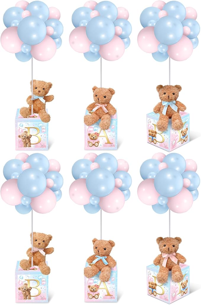 Lenwen 6 Sets Baby Letter Boxes Decorations Table Centerpieces for Baby Shower Gender Reveal,Bear Stuffed Animals Balloon with Stand Plush Toy Boxes for Birthday Party Wedding(Bear,Pink Blue)