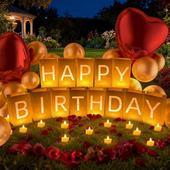 Happy Birthday Decoration for Men Women, Valentine’s Day Light Up Letters Luminary Bags with 30 Bright LED Candles, 2000 Rose Petals, 10 Balloons, Surprise Birthday Party Banner Signs