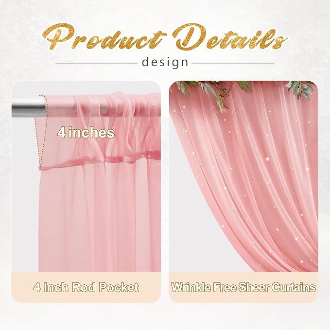 10x10ft Dusty Rose Tulle Backdrop Curtain with Lights String for Parites, Sheer Photo Backdrop Drapes with Lights for Wedding Backdrop Ceremony Reception Bridal Shower Baby Shower Birthday Party