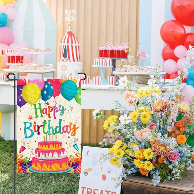 Happy Birthday Garden Flags 12x18 Double Sided Burlap, Colorful Balloon Cake Toppers Personalized Banner Farmhouse Yard Sign Birthday Party Outdoor Decorations DF576