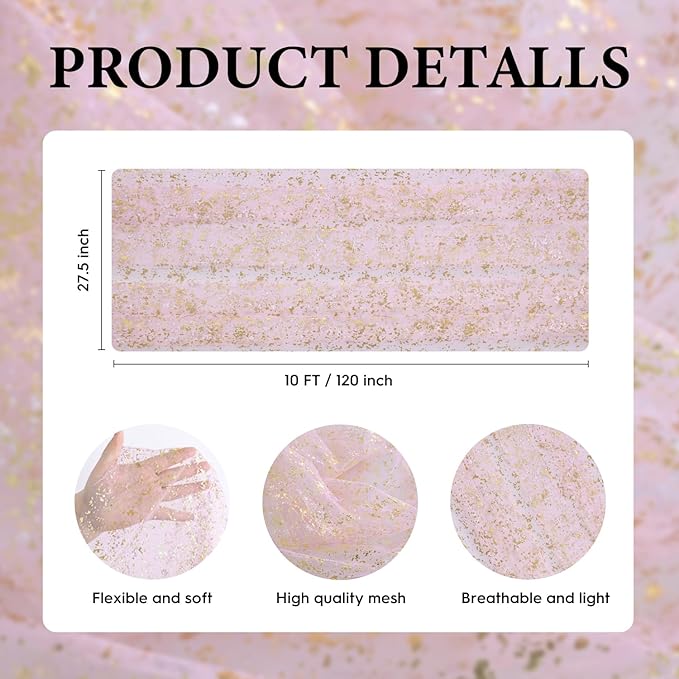 Artoid Mode 6PC Gold Gauze Pink Table Runner 120 Inch 10FT, Glitter Metallic Foil Sheer Dining Wedding Anniversary Holiday Birthday Table Decor for Home Party