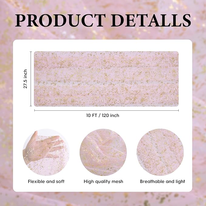 Artoid Mode 3PC Gold Gauze Pink Table Runner 120 Inch 10FT, Glitter Metallic Foil Sheer Dining Wedding Anniversary Holiday Birthday Table Decor for Home Party
