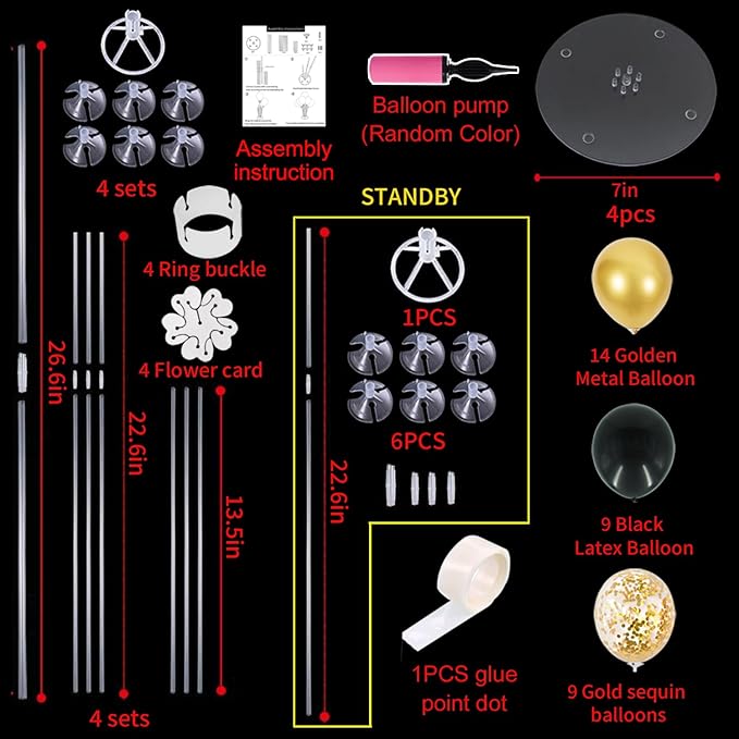 TONIFUL Graduation Decorations 2026 4 Set Black Gold Balloon Centerpieces for Table,Balloon Stand Kit for Black Gold Party Decor 40th 50th 60th 70th Birthday Decorations Anniversary Retirement