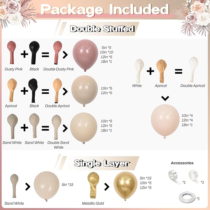 Double Stuffed Dusty Pink Cream Balloon Arch Kit, Boho Neutral Balloon Garland Dusty Rose Mauve Blush White Sand Blush Brown Metallic Gold Balloons for Bridal Shower Wedding Birthday Party Decoration