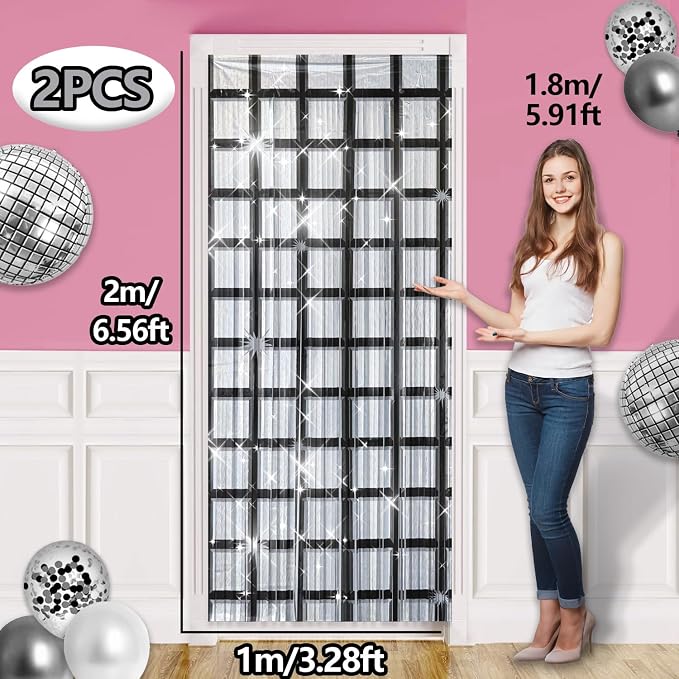 Disco Balloon Arch Kit, 87 Pcs Silver and White Balloon Garland Set with Checkered Foil Fringe Backdrop for Disco Birthday Party Graduation Prom Decorations 2026 Silver