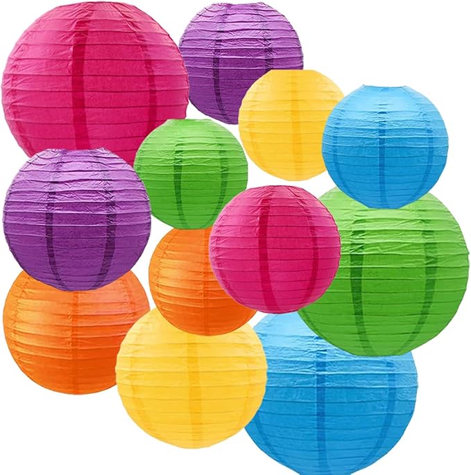 CC wonderland zone 12pcs Rainbow Hanging Paper Lanterns,Ceiling Colourful Round Paper Lanterns for Mexican Engagement Fiesta Cinco De Mayo Baby Shower Party Decoration（4" 6" 8" 10" ）
