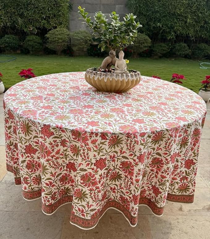 Ridhi Round Tablecloth Hand Block Print 100% Cotton Reusable New York Pink 110 Inch Table Cover Decorative Everyday Use for Dining, Home, Party, Wedding, Farmhouse, Party Gift for Spring, Mother's Day