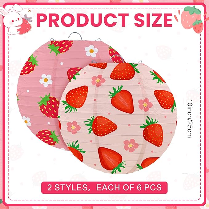 Honoson 12 Pcs Red Pink Strawberry Paper Lanterns Strawberry Party Decoration 10 Inch Berry Round Hanging Lanterns for Birthday Baby Showers Decoration