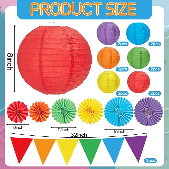 21Pcs Colorful Classroom Decor Rainbow Hanging Paper Lanterns Paper Fans Triangle Flags Banners Set Round Lantern for Back to School Ceiling Supplies Home Indoor Birthday Party Ceremonial Event