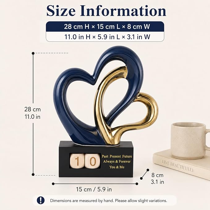 Ceramic Heart Sculpture with Date Blocks, Blue Gold Hearts Statue for Home Decor, Romantic Valentines Day & Wedding for Couple, Shelf Mantel Tabletop Display (Blue Gold)