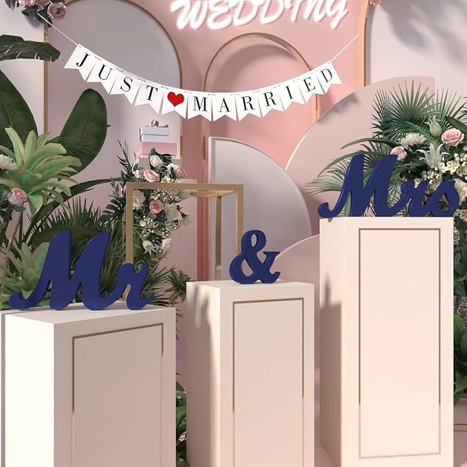 VIOPVERY Wedding Decorations Set - Large Blue Mr and Mrs Sign, Just Married Banner, Wooden Letters for Sweetheart Table, Photo Props for Anniversary