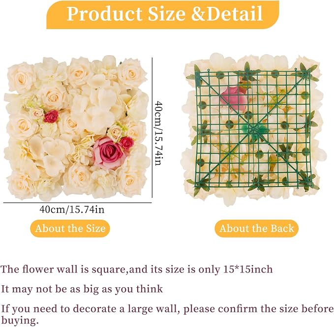 3D Flower Wall Backdrop - 12Pcs 15×15 Inch Artificial Rose Panels Champagne & Red Silk Floral Decor for Home Party Wedding Anniversary Birthday Photographic Studio Background & Decorative Fences