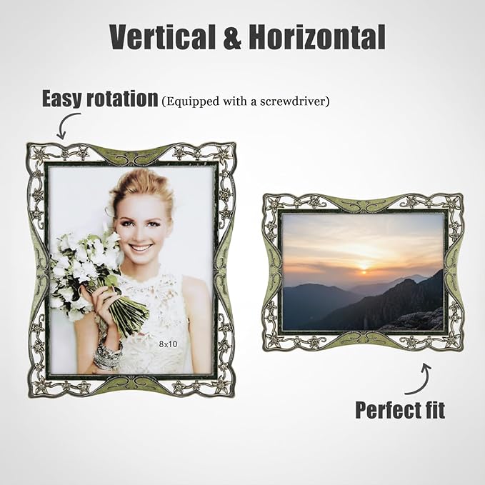 Vintage 8x10 Metal Picture Frame Ornate Antique Style Tabletop Wall Decor, Horizontal/Vertical Display, Gifts Ideals for Wedding Birthday Christmas Anniversary