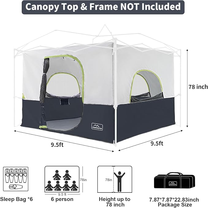 KAMPKEEPER Camping Inner Tent for Pop Up Canopy, Converts 10'x10' Straight Leg Canopy into Camping Tent–Fully Vented Roof(Top & Frame NOT Included) (Black, Classic)