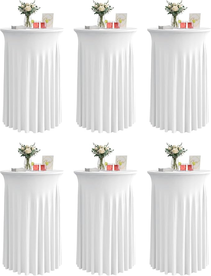 KeyWave Cocktail Table Tablecloth with Skirts - 32x43 Inch Wavy Spandex High Top Cocktail Table Covers, Ruffle Drape Highboy Tablecloth Reusable for Party Wedding Cake Standing Table, White, 6 Pack